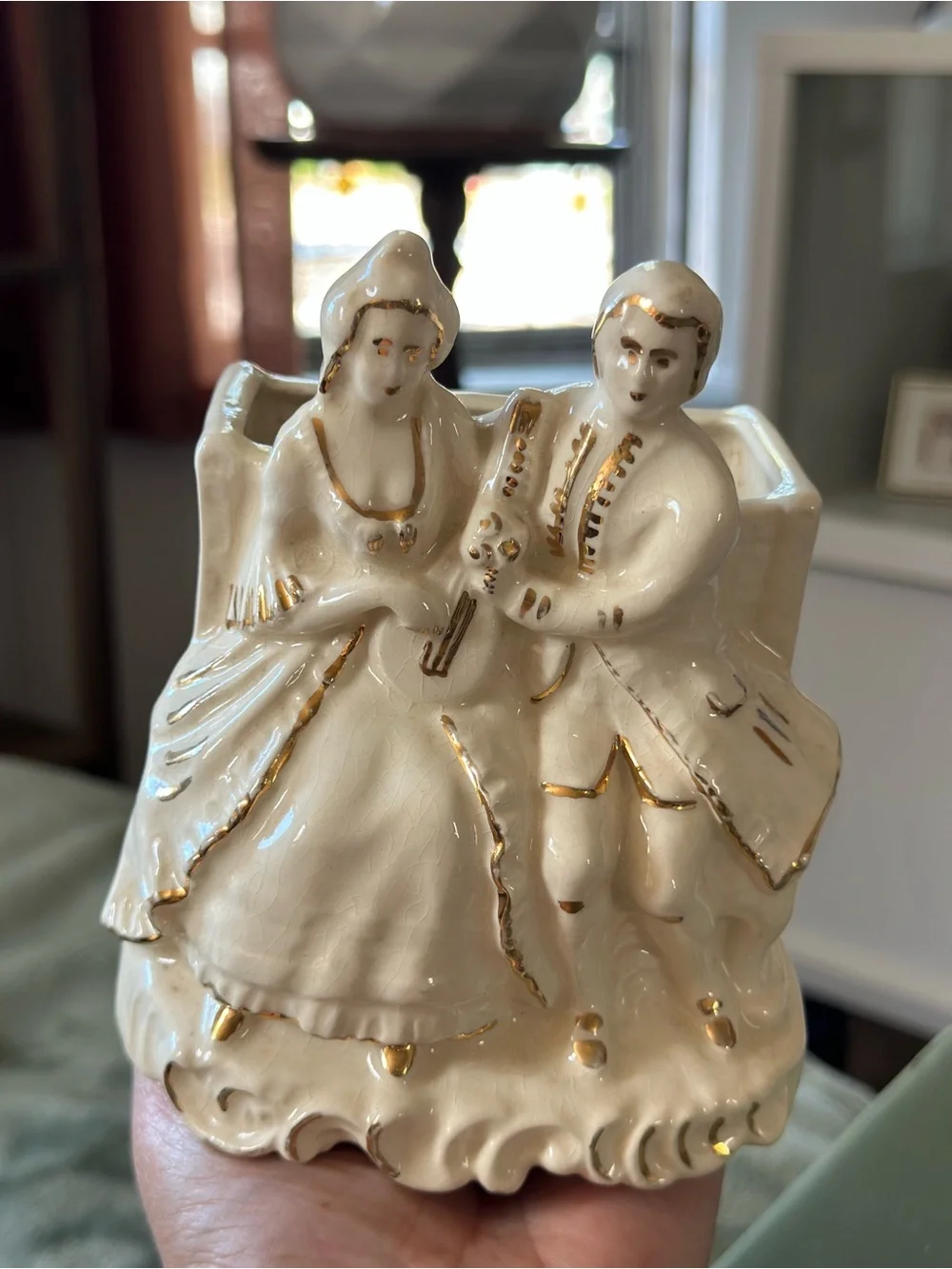 Vintage Ceramic Victorian-Couple Planter with Gold Accents